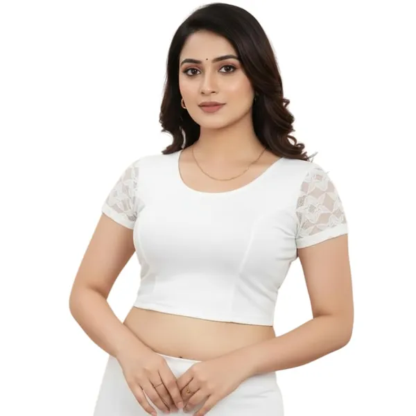 White_Premium_Round_Neck_Cotton_Lycra_Half_Net_Sleeve_Saree_Blouse_For_Women