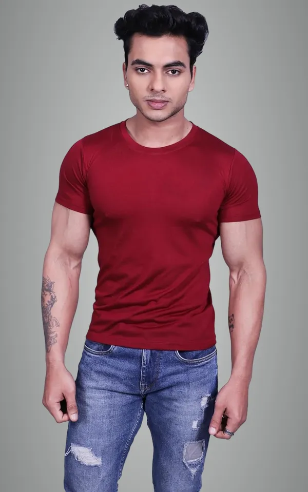 Maroon_Premium_Round_Neck_Cotton_Blend_T-Shirt_For_Mens