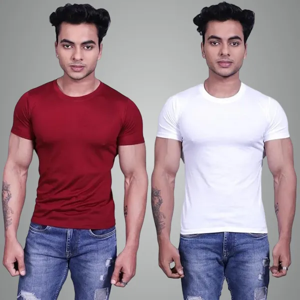 White_And_Maroon_Premium_Cotton_Blend_Half_Sleeve_T-Shirt_For_Mens_(Pack_Of_2)