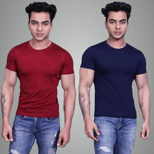 Maroon_Navy_Blue_Premium_Cotton_Blend_Half_Sleeve_T-Shirt_For_Mens_(Pack_Of_2)