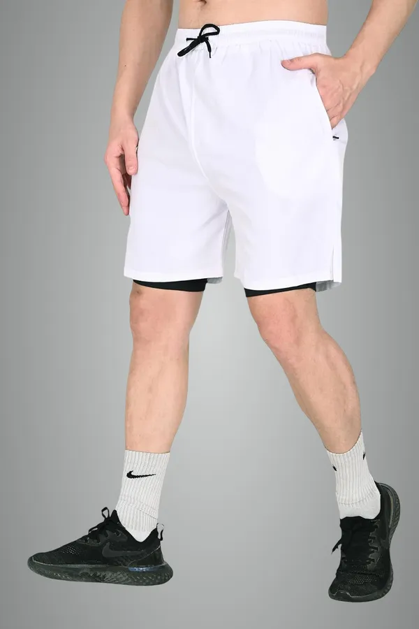 White_Premium_2_In_1_Dual_Layer_Gym_Shorts_With_Inner_Tights_For_Men_(Pack_Of_2)
