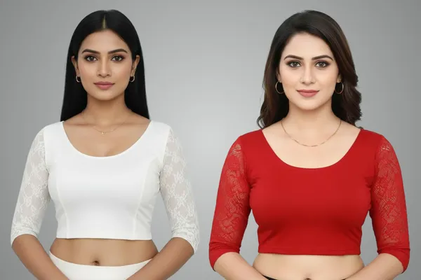 White_And_Red_Premium_Truness_Cotton_Lycra_Round_Neck_Blouse_3_4_Net_Sleeve_Saree_Blouse_Stretchable_Readymade_Indian_Style_For_Women_(Pack_Of_2)