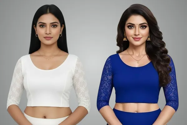 White_And_Blue_Premium_Truness_Cotton_Lycra_Round_Neck_Blouse_3_4_Net_Sleeve_Saree_Blouse_Stretchable_Readymade_Indian_Style_For_Women_(Pack_Of_2)