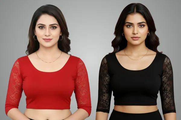 Red_And_Black_Premium_Truness_Cotton_Lycra_Round_Neck_Blouse_3_4_Net_Sleeve_Saree_Blouse_Stretchable_Readymade_Indian_Style_For_Women_(Pack_Of_4)