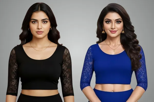 Black_And_Blue_Premium_Truness_Cotton_Lycra_Round_Neck_Blouse_3_4_Net_Sleeve_Saree_Blouse_Stretchable_Readymade_Indian_Style_For_Women_(Pack_Of_2)