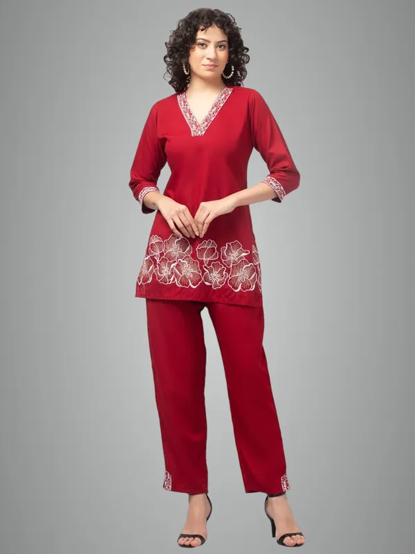 Maroon_Premium_Rayon_Embroidery_V_Neck_Co-Ord_Set_For_Women_(Pack_Of_2)