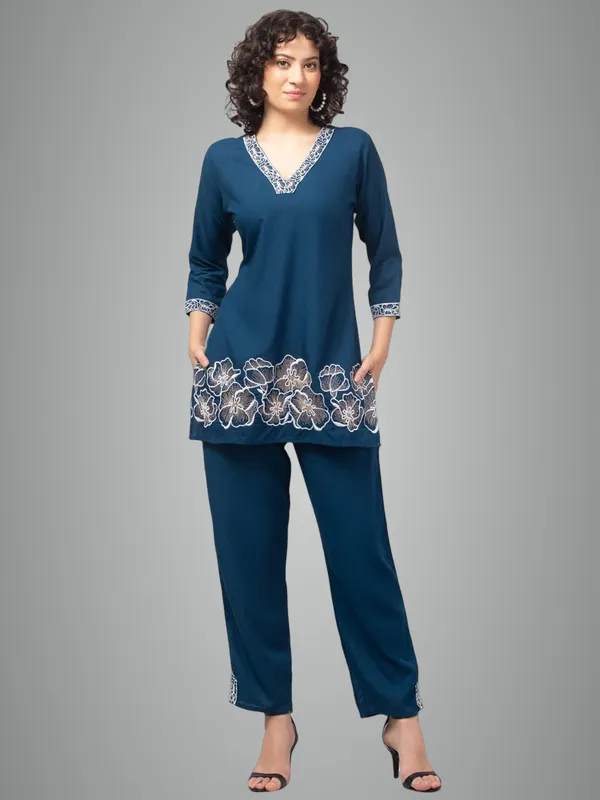 Dark_Blue_Premium_Rayon_Embroidery_V_Neck_Co-Ord_Set_For_Women