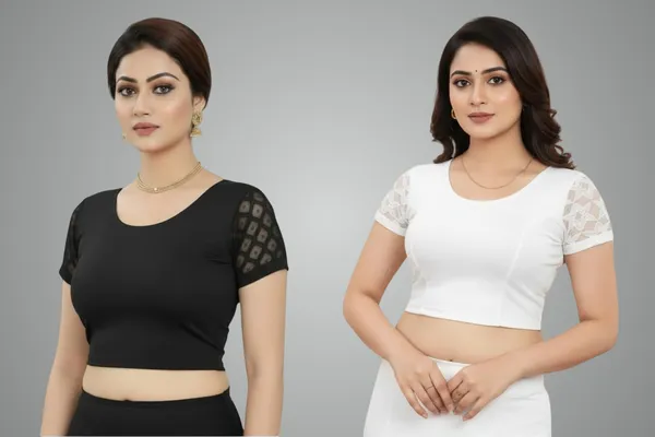 Black_And_White_Premium_Truness_Round_Neck_Cotton_Lycra_Stretchable_Half_Net_Sleeve_Readymade_Saree_Blouse_For_Women_(Pack_Of_2)