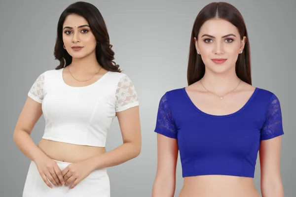 White_And_Blue_Premium_Truness_Round_Neck_Cotton_Lycra_Stretchable_Half_Net_Sleeve_Readymade_Saree_Blouse_For_Women_(Pack_Of_4)