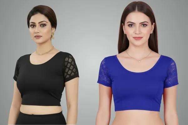 Black_And_Blue_Premium_Truness_Round_Neck_Cotton_Lycra_Stretchable_Half_Net_Sleeve_Readymade_Saree_Blouse_For_Women_(Pack_Of_2)