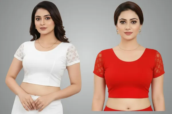 White_And_Red_Premium_Truness_Round_Neck_Cotton_Lycra_Stretchable_Half_Net_Sleeve_Readymade_Saree_Blouse_For_Women