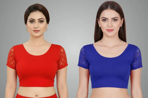 Red_And_Blue_Premium_Truness_Round_Neck_Cotton_Lycra_Stretchable_Half_Net_Sleeve_Readymade_Saree_Blouse_For_Women_(Pack_Of_2)
