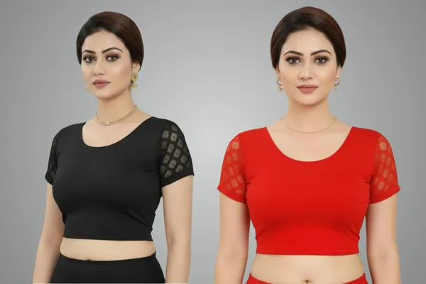 Black_And_Red_Premium_Truness_Round_Neck_Cotton_Lycra_Stretchable_Half_Net_Sleeve_Readymade_Saree_Blouse_For_Women