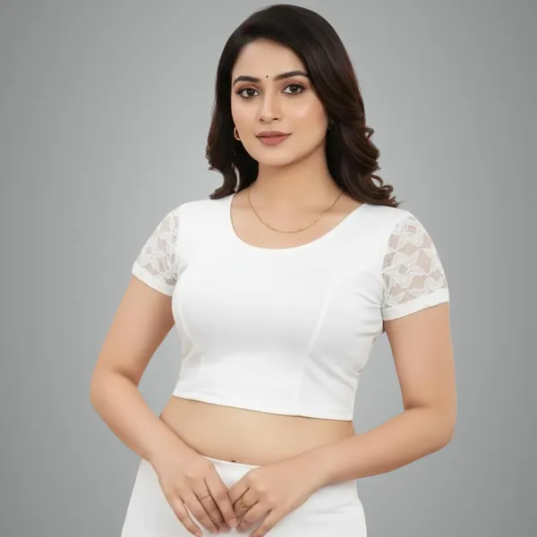 White_Premium_Round_Neck_Cotton_Lycra_Half_Net_Sleeve_Saree_Blouse_For_Women