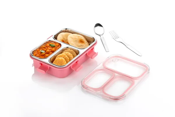 Stainless_Steel_Leak_Proof_3_Compartments_Lunchbox_And_700ML_Containers_4pcs_set_With_Locking_Lids_(Pack_Of_5)