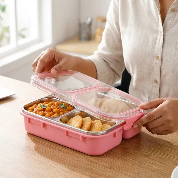 Stainless_Steel_Leak_Proof_3_Compartments_Lunchbox_And_700ML_Containers_4pcs_set_With_Locking_Lids_(Pack_Of_5)