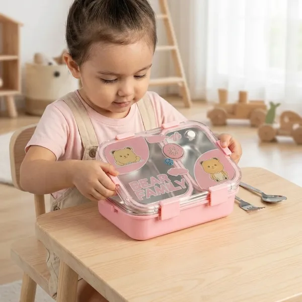 Green_And_Pink_Stainless_Steel_Bear_Family_2_Compartment_Lunch_Box_For_Kids_(Pack_Of_2)