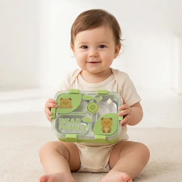 Green_Stainless_Steel_Bear_Family_Lunch_Box_2_Compartment_For_Kids