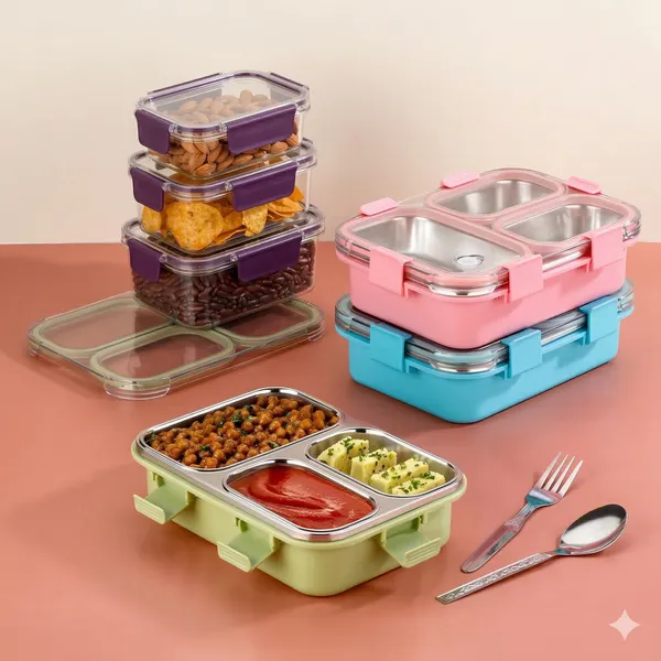 Multicolor_Layer_Stainless_Steel_Leak_Proof_3_Compartments_Lunch_Box_3_pcs_And_Food_Storage_Container_3_Pcs_Set_With_Lids_(Pack_Of_6)