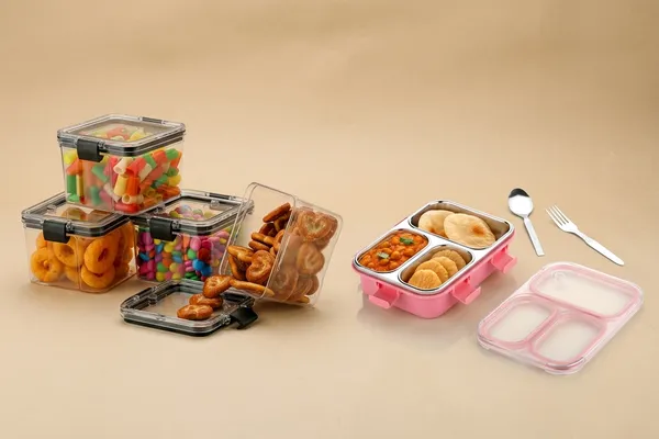 Stainless_Steel_Leak_Proof_3_Compartments_Lunchbox_And_700ML_Containers_4pcs_set_With_Locking_Lids_(Pack_Of_5)