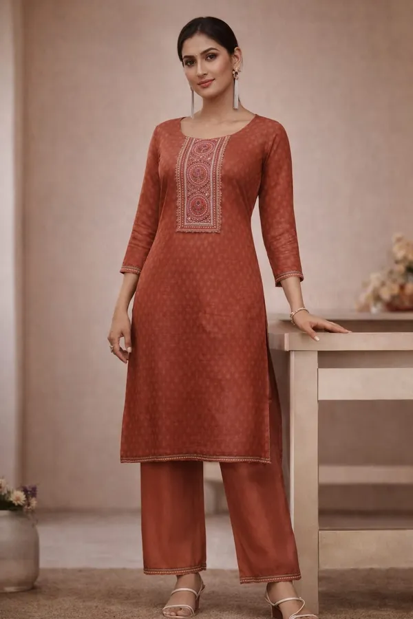 Rust_Brown_Cotton_Kurta_Set_With_Embroidered_Neck_Panel_Knee_Length_Straight_Fit_Pants_For_Women
