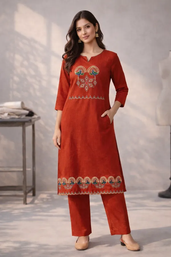 Rust_Orange_Peacock_Cotton_Dhabu_Work_Co_Ord_Set_Kurti_With_Pocket_For_Women