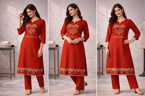 Rust_Orange_Peacock_Cotton_Dhabu_Work_Co_Ord_Set_Kurti_With_Pocket_For_Women
