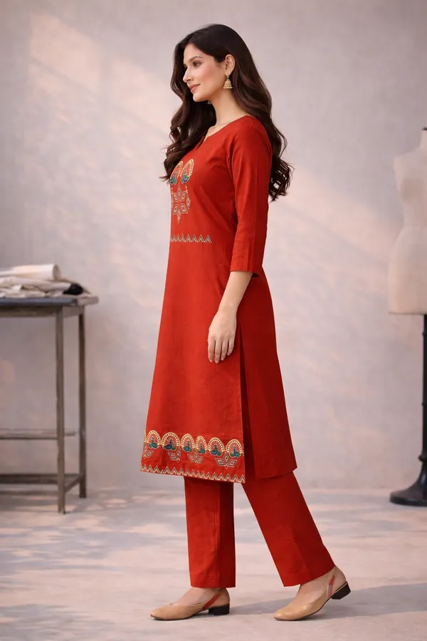 Rust_Orange_Peacock_Cotton_Dhabu_Work_Co_Ord_Set_Kurti_With_Pocket_For_Women