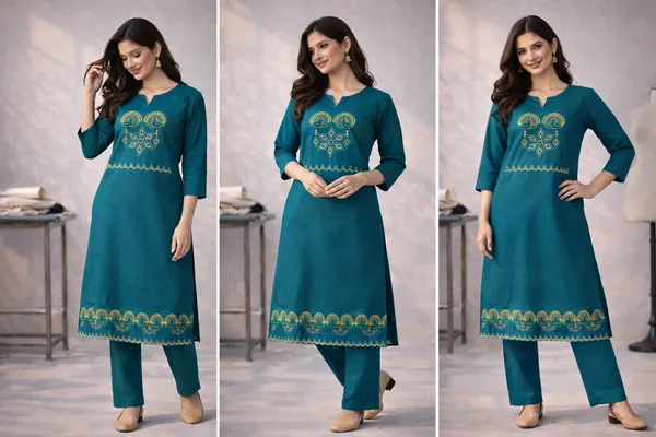 Peacock_Green_Cotton_Dhabu_Work_Co_Ord_Set_Kurti_With_Pocket_For_Women