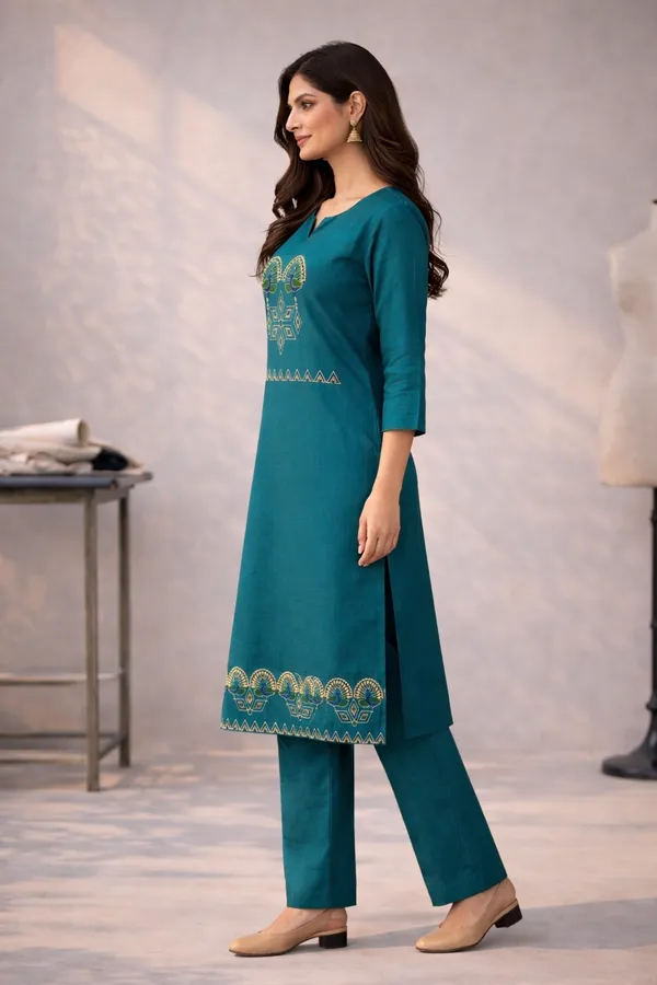 Peacock_Green_Cotton_Dhabu_Work_Co_Ord_Set_Kurti_With_Pocket_For_Women