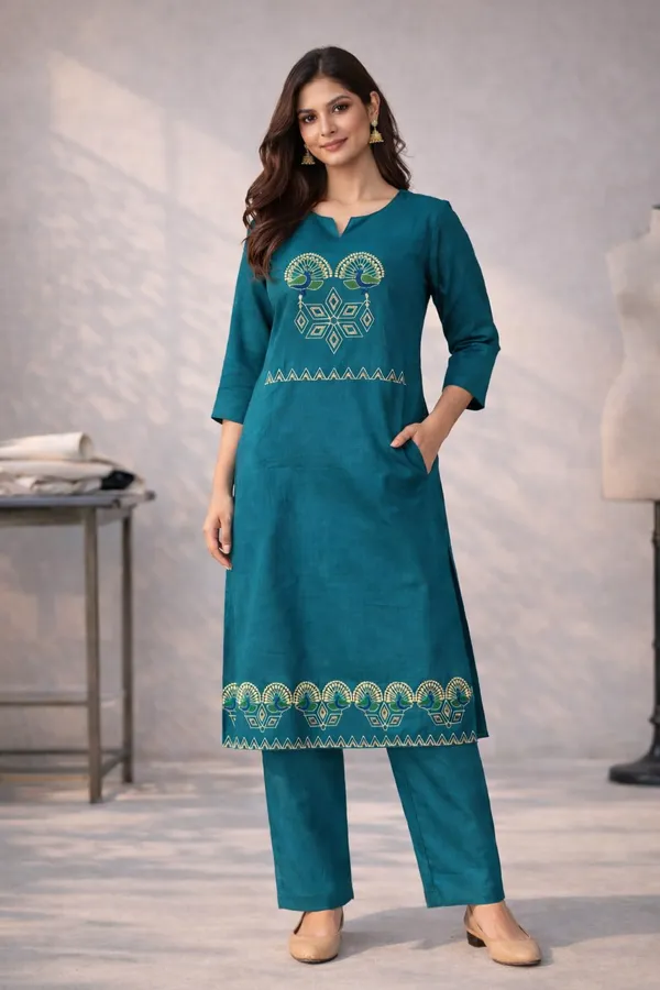 Peacock_Green_Cotton_Dhabu_Work_Co_Ord_Set_Kurti_With_Pocket_For_Women