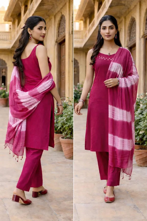 Rani_Pink_Cotton_Blend_Mirror_Work_Kurti_Set_With_Tie_Dye_Dupatta_For_Women