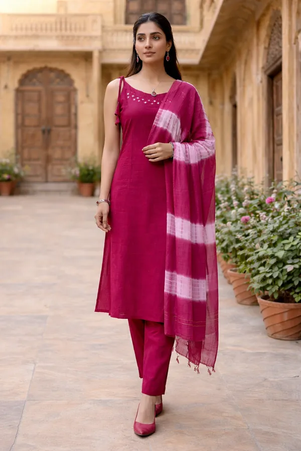 Rani_Pink_Cotton_Blend_Mirror_Work_Kurti_Set_With_Tie_Dye_Dupatta_For_Women