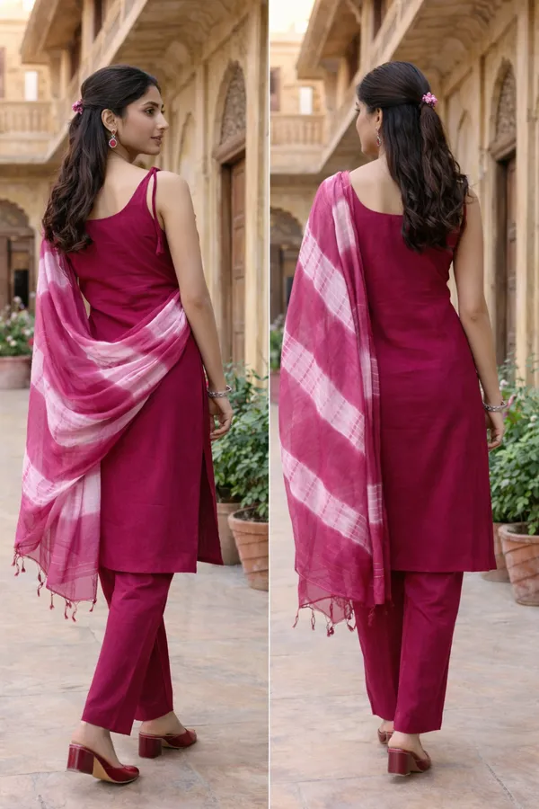 Rani_Pink_Cotton_Blend_Mirror_Work_Kurti_Set_With_Tie_Dye_Dupatta_For_Women