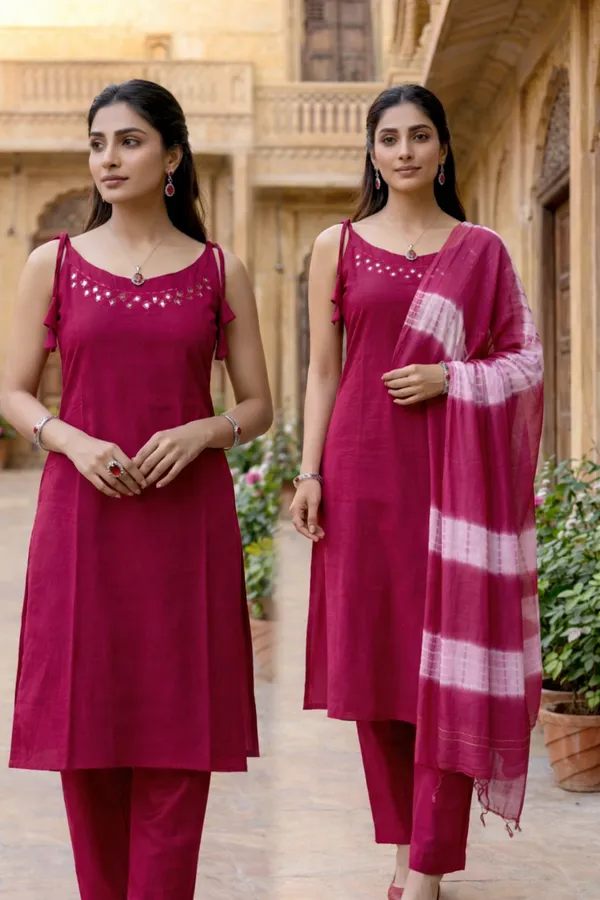 Rani_Pink_Cotton_Blend_Mirror_Work_Kurti_Set_With_Tie_Dye_Dupatta_For_Women