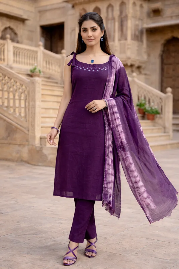 Royal_Purple_Cotton_Blend_Mirror_Work_Kurti_Set_With_Tie_Dye_Dupatta_For_Women