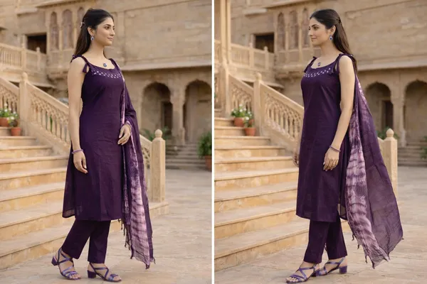 Royal_Purple_Cotton_Blend_Mirror_Work_Kurti_Set_With_Tie_Dye_Dupatta_For_Women