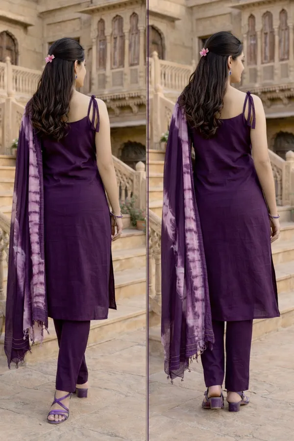 Royal_Purple_Cotton_Blend_Mirror_Work_Kurti_Set_With_Tie_Dye_Dupatta_For_Women