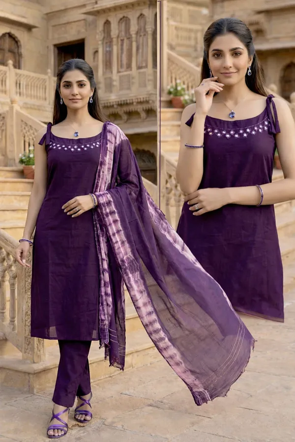 Royal_Purple_Cotton_Blend_Mirror_Work_Kurti_Set_With_Tie_Dye_Dupatta_For_Women