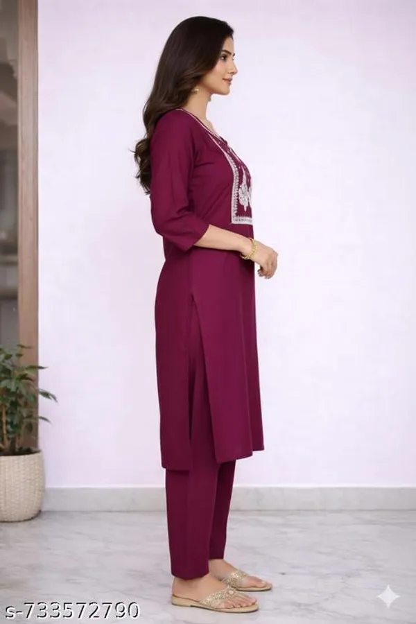 Wine_Cotton_Embroidered_Kurta_With_Trousers_Elegant_V_Neck_3_4_Sleeves_Ethnic_Set_For_Office_Festive_Wear_Women