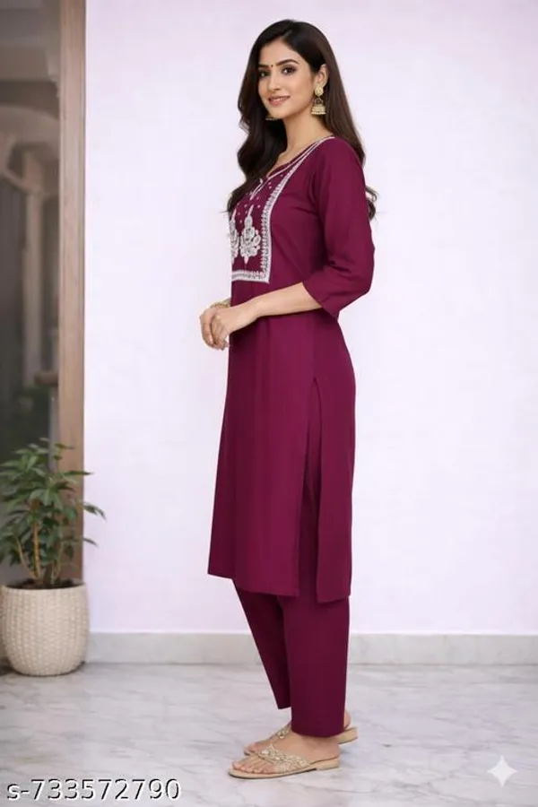 Wine_Cotton_Embroidered_Kurta_With_Trousers_Elegant_V_Neck_3_4_Sleeves_Ethnic_Set_For_Office_Festive_Wear_Women