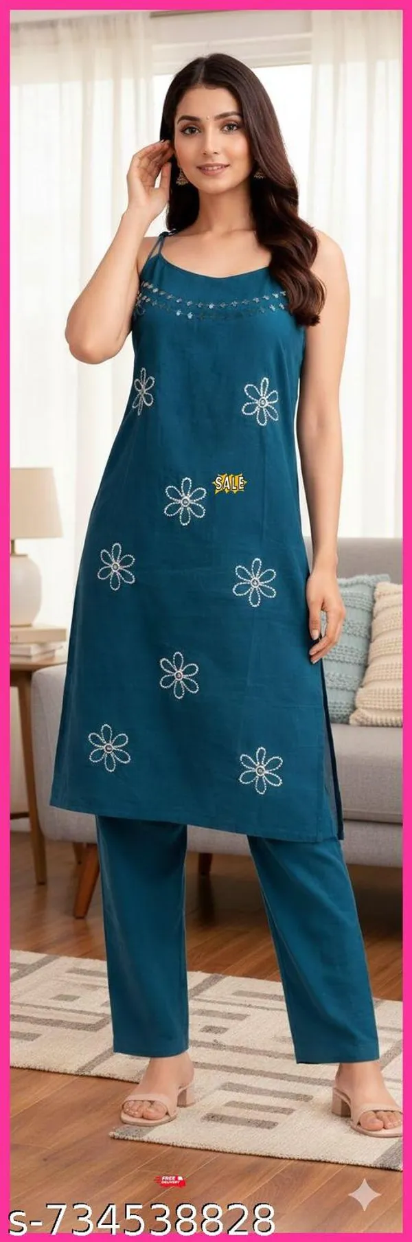 Peacock_Blue_Cotton_Blend_Soft_Strappy_Kurta_And_Pant_Set_With_Floral_Embroidery_For_Women