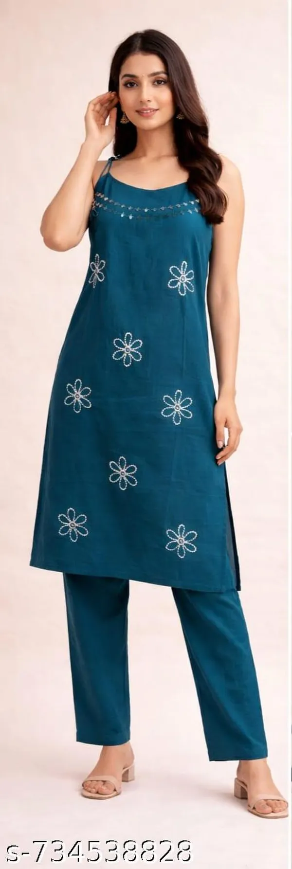 Peacock_Blue_Cotton_Blend_Soft_Strappy_Kurta_And_Pant_Set_With_Floral_Embroidery_For_Women