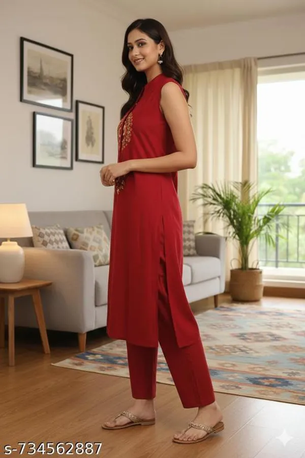 Maroon_Red_Cotton_Blend_Embroidered_Sleeveless_Kurta_Set_With_Trousers_Mandarin_Collar_Premium_Ethnic_Wear_For_Women