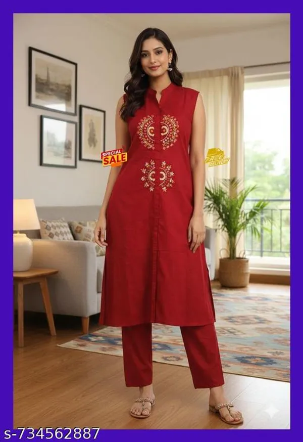 Maroon_Red_Cotton_Blend_Embroidered_Sleeveless_Kurta_Set_With_Trousers_Mandarin_Collar_Premium_Ethnic_Wear_For_Women