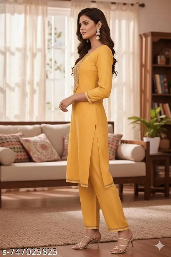 Mustard_Yellow_Cotton_Straight_Fit_Kurta_Set_With_Embroidered_Neck_Matching_Pants_2_Piece_For_Women