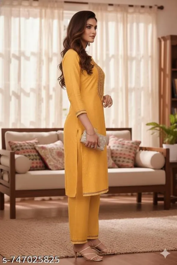 Mustard_Yellow_Cotton_Straight_Fit_Kurta_Set_With_Embroidered_Neck_Matching_Pants_2_Piece_For_Women