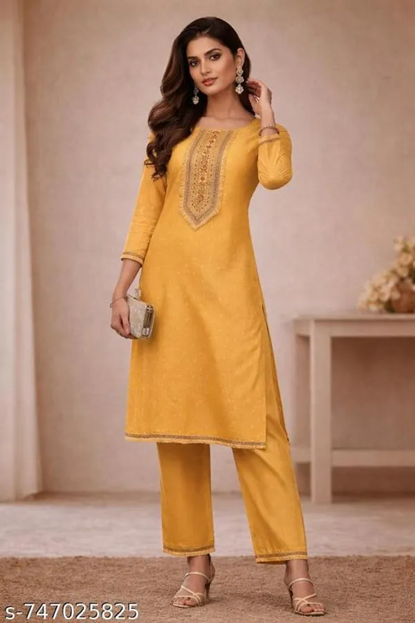 Mustard_Yellow_Cotton_Straight_Fit_Kurta_Set_With_Embroidered_Neck_Matching_Pants_2_Piece_For_Women
