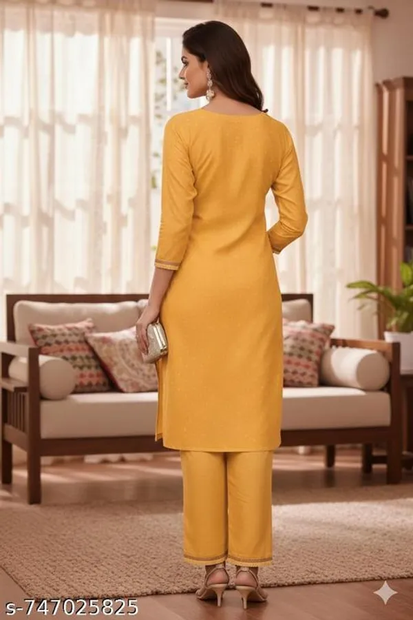 Mustard_Yellow_Cotton_Straight_Fit_Kurta_Set_With_Embroidered_Neck_Matching_Pants_2_Piece_For_Women