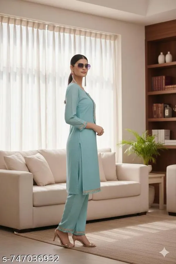Aqua_Blue_Cotton_Kurta_Set_With_Straight_Pants_Knee_Length_3_4_Sleeves_Embroidered_Neck_For_Women